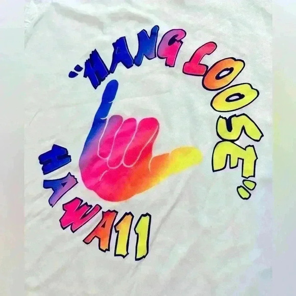 VINTAGE Hang Loose Hawaii Extra Large White Shaka Single Stitch Tshirt 90s - Picture 3 of 8